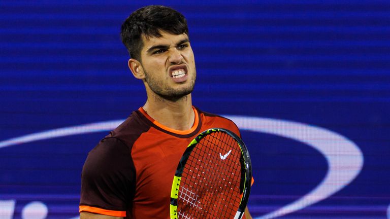 Carlos Alcaraz of Spain celebrates during his match against Gael Monfils of France in the second round of the men's singles at the Cincinnati Open at the Lindner Family Tennis Center on August 15, 2024 in Mason, Ohio. (Photo by Frey/TPN/Getty Images)